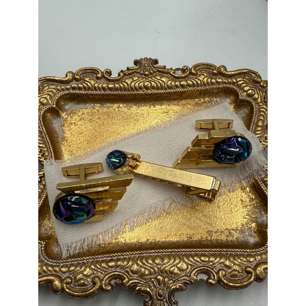 Vintage MCM Gold Tone Wing Cufflink and Tie Clip Set Aurora Borealis Glass Stone